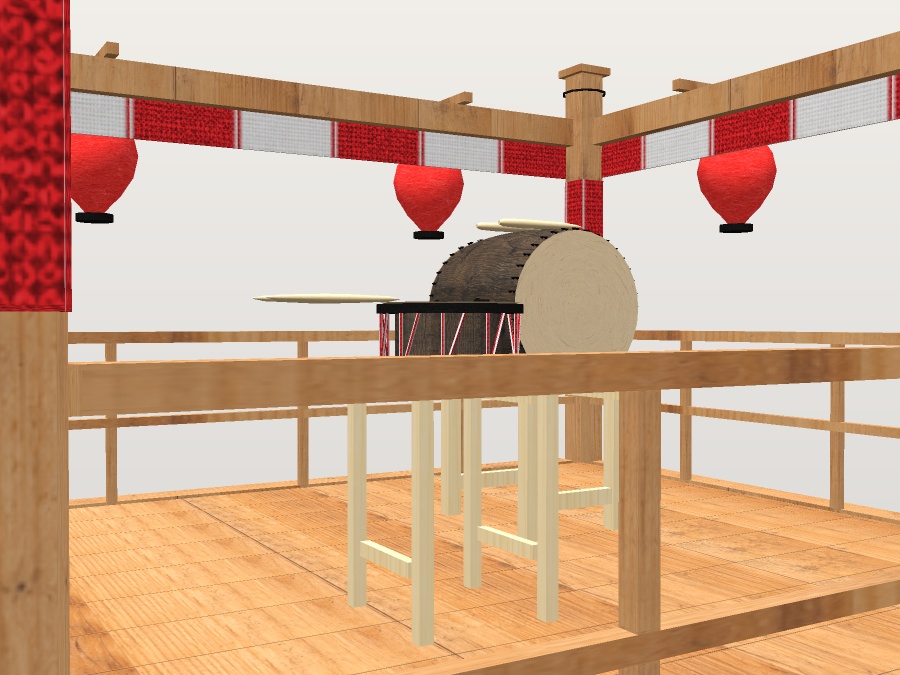 【VRChat想定】秋祭りの櫓(やぐら)|紅白幕・大太鼓・締太鼓・はしご・大提灯8灯【unitypackage同梱 / FBX・OBJ】