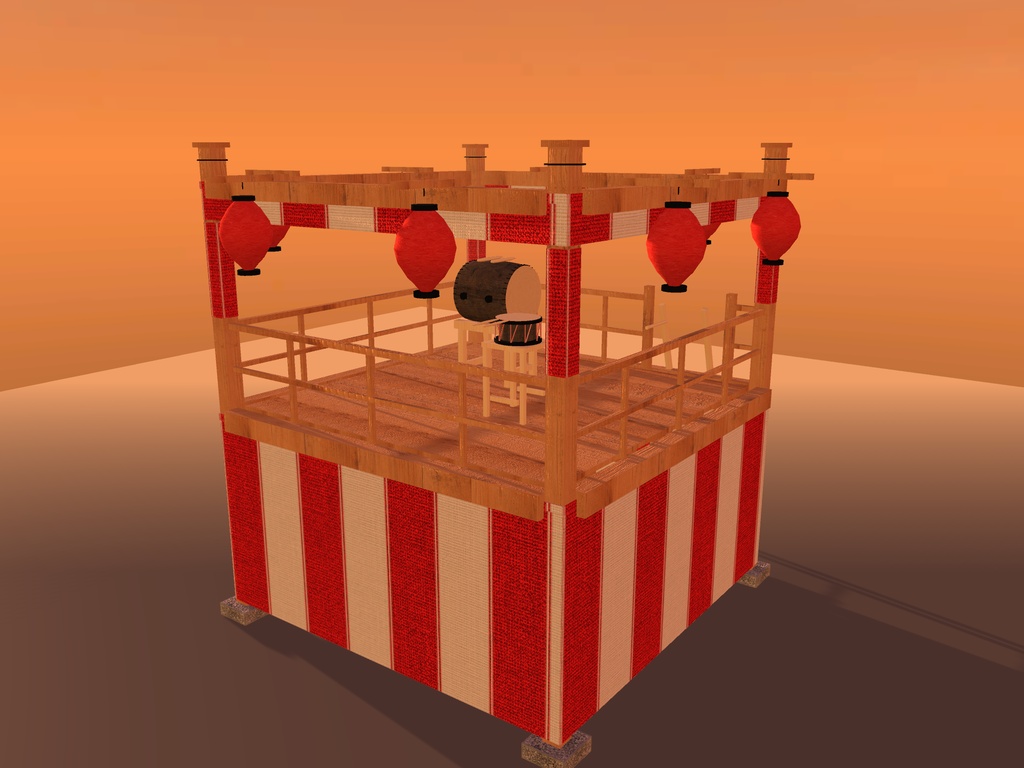 【VRChat想定】秋祭りの櫓(やぐら)|紅白幕・大太鼓・締太鼓・はしご・大提灯8灯【unitypackage同梱 / FBX・OBJ】
