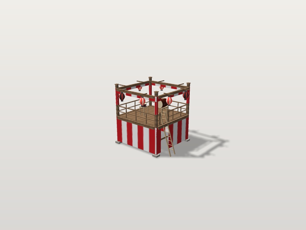 【VRChat想定】秋祭りの櫓(やぐら)|紅白幕・大太鼓・締太鼓・はしご・大提灯8灯【unitypackage同梱 / FBX・OBJ】