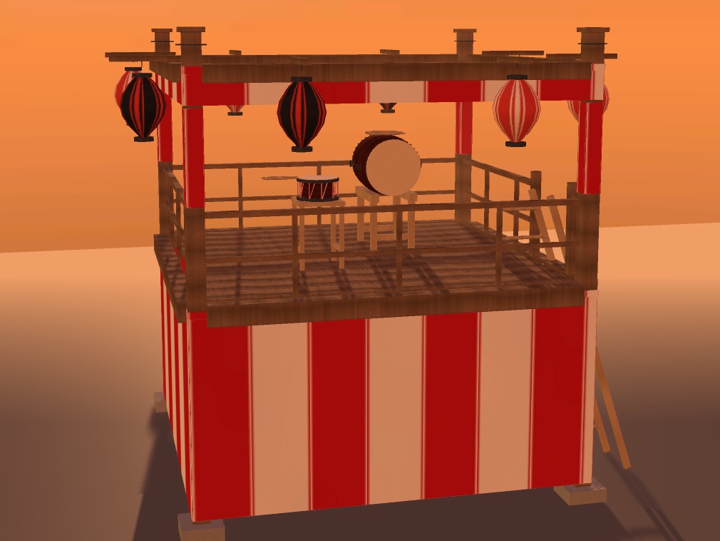 【VRChat想定】秋祭りの櫓（やぐら）｜紅白幕・大太鼓・締太鼓・はしご・大提灯8灯【unitypackage同梱 / FBX・OBJ】