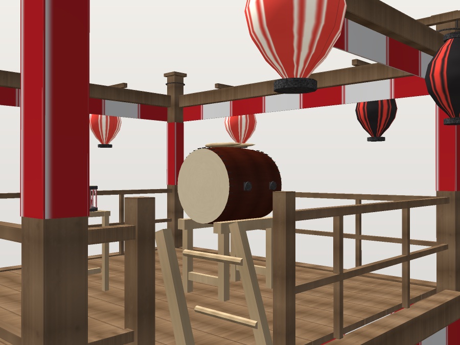 【VRChat想定】秋祭りの櫓(やぐら)|紅白幕・大太鼓・締太鼓・はしご・大提灯8灯【unitypackage同梱 / FBX・OBJ】