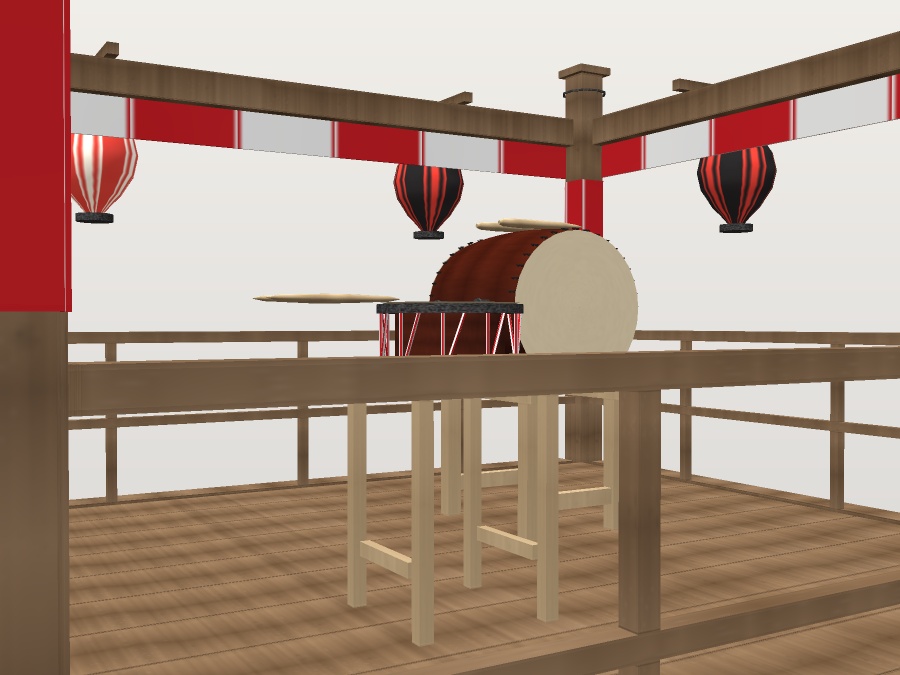 【VRChat想定】秋祭りの櫓(やぐら)|紅白幕・大太鼓・締太鼓・はしご・大提灯8灯【unitypackage同梱 / FBX・OBJ】