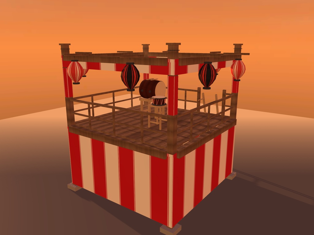 【VRChat想定】秋祭りの櫓(やぐら)|紅白幕・大太鼓・締太鼓・はしご・大提灯8灯【unitypackage同梱 / FBX・OBJ】