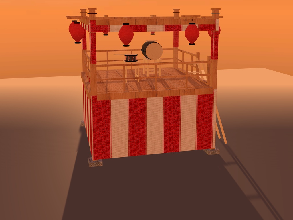 【VRChat想定】秋祭りの櫓（やぐら）｜紅白幕・大太鼓・締太鼓・はしご・大提灯8灯【unitypackage同梱 / FBX・OBJ】