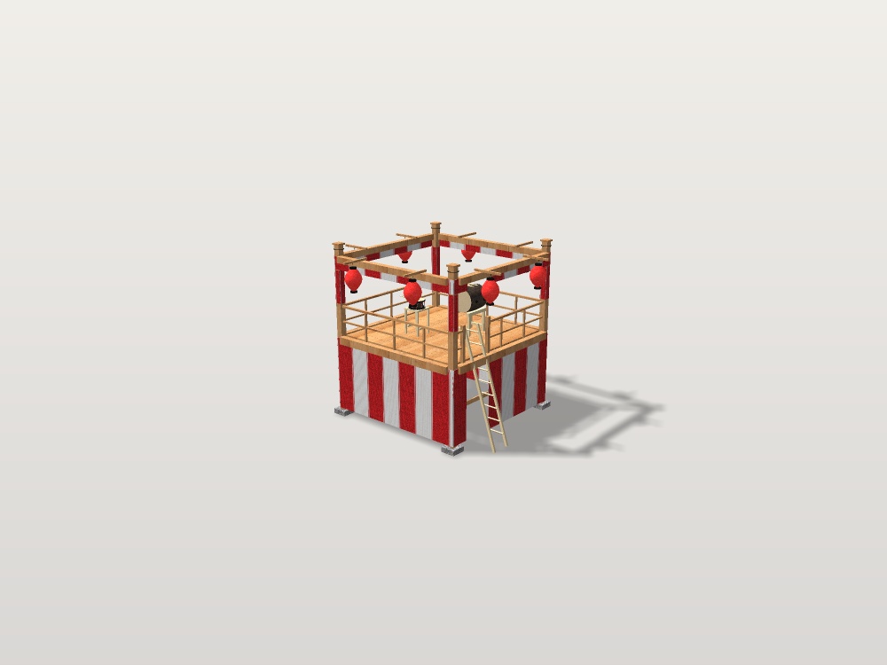 【VRChat想定】秋祭りの櫓(やぐら)|紅白幕・大太鼓・締太鼓・はしご・大提灯8灯【unitypackage同梱 / FBX・OBJ】
