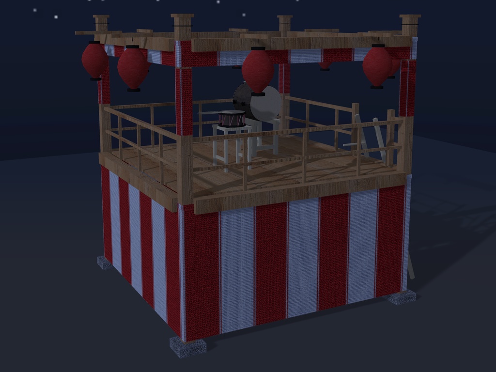 【VRChat想定】秋祭りの櫓(やぐら)|紅白幕・大太鼓・締太鼓・はしご・大提灯8灯【unitypackage同梱 / FBX・OBJ】