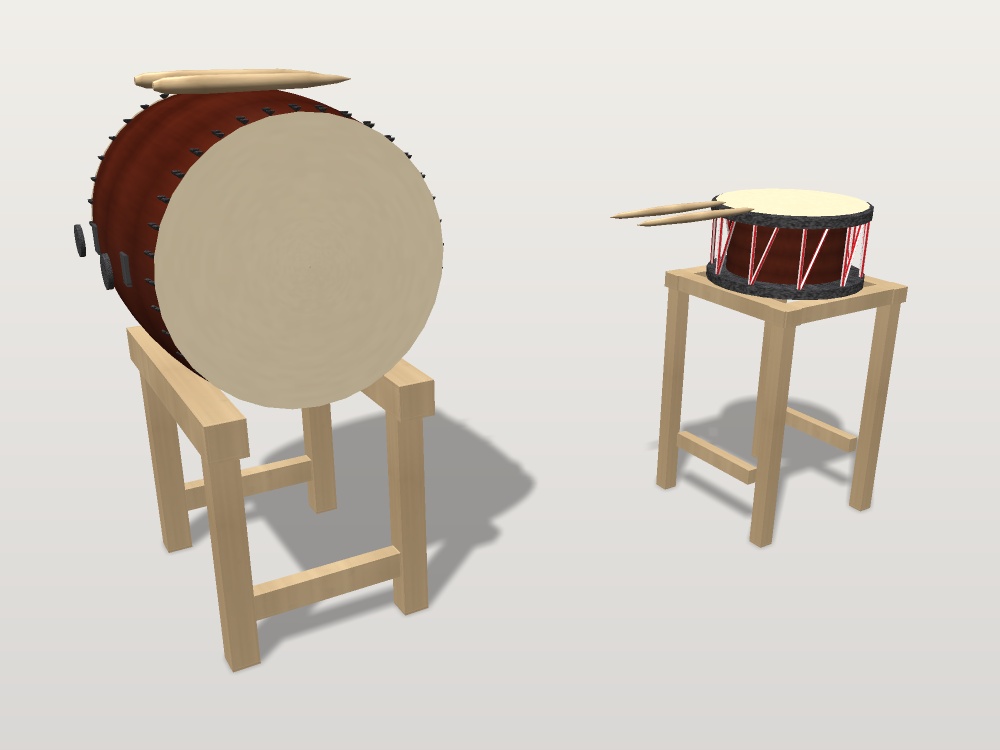 【無料】太鼓と撥|長胴太鼓・締太鼓・太鼓台【VRChat想定 / unitypackage同梱】