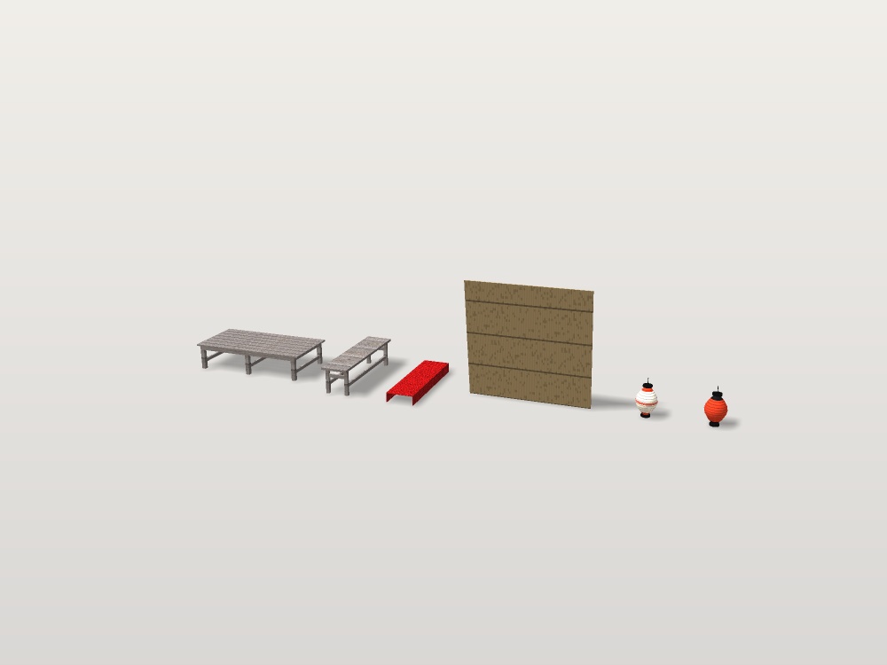 【VRChat想定】祭りの休憩所|よしずの日除け・縁台・床几・赤い毛氈・提灯【unitypackage同梱 / FBX・OBJ】