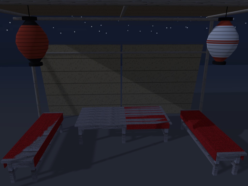 【VRChat想定】祭りの休憩所|よしずの日除け・縁台・床几・赤い毛氈・提灯【unitypackage同梱 / FBX・OBJ】