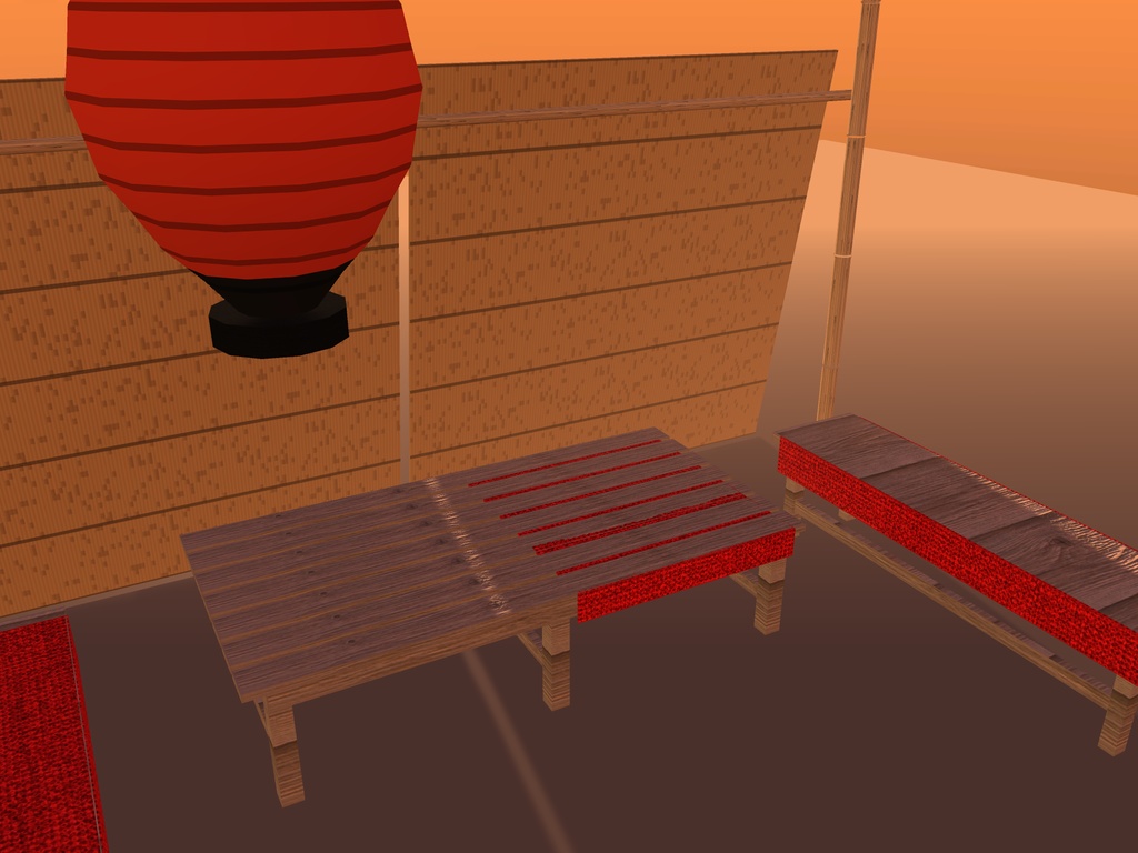 【VRChat想定】祭りの休憩所|よしずの日除け・縁台・床几・赤い毛氈・提灯【unitypackage同梱 / FBX・OBJ】
