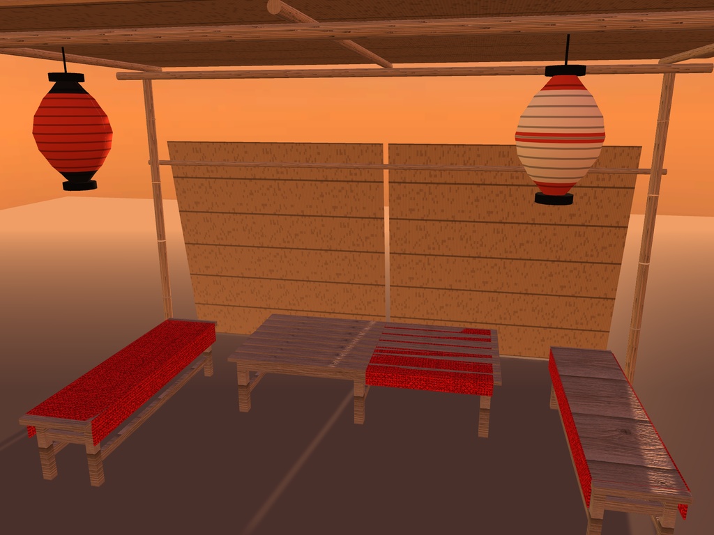 【VRChat想定】祭りの休憩所|よしずの日除け・縁台・床几・赤い毛氈・提灯【unitypackage同梱 / FBX・OBJ】