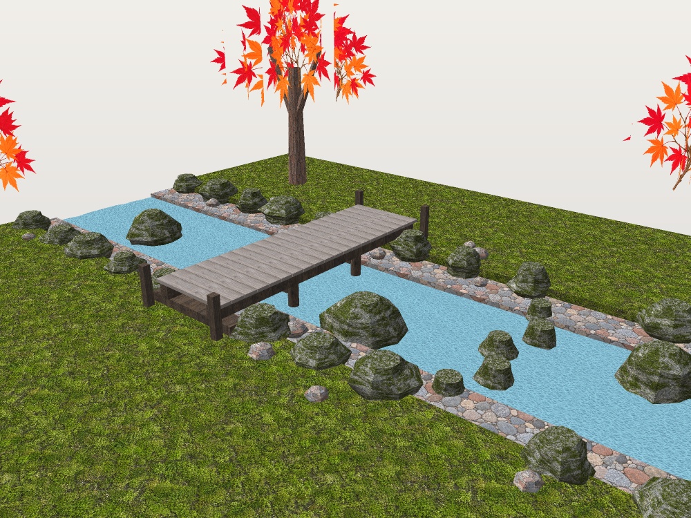 【VRChat想定】渓流の木橋と飛び石セット|板橋・飛び石・川原・紅葉【unitypackage / FBX・OBJ】