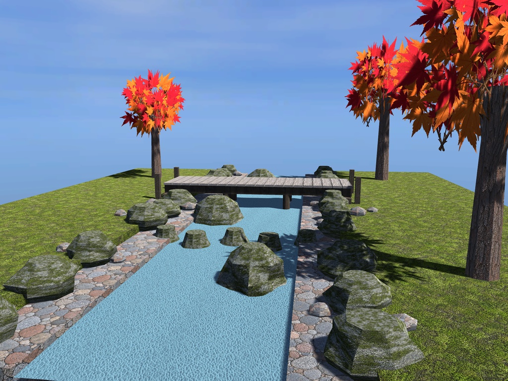 【VRChat想定】渓流の木橋と飛び石セット|板橋・飛び石・川原・紅葉【unitypackage / FBX・OBJ】