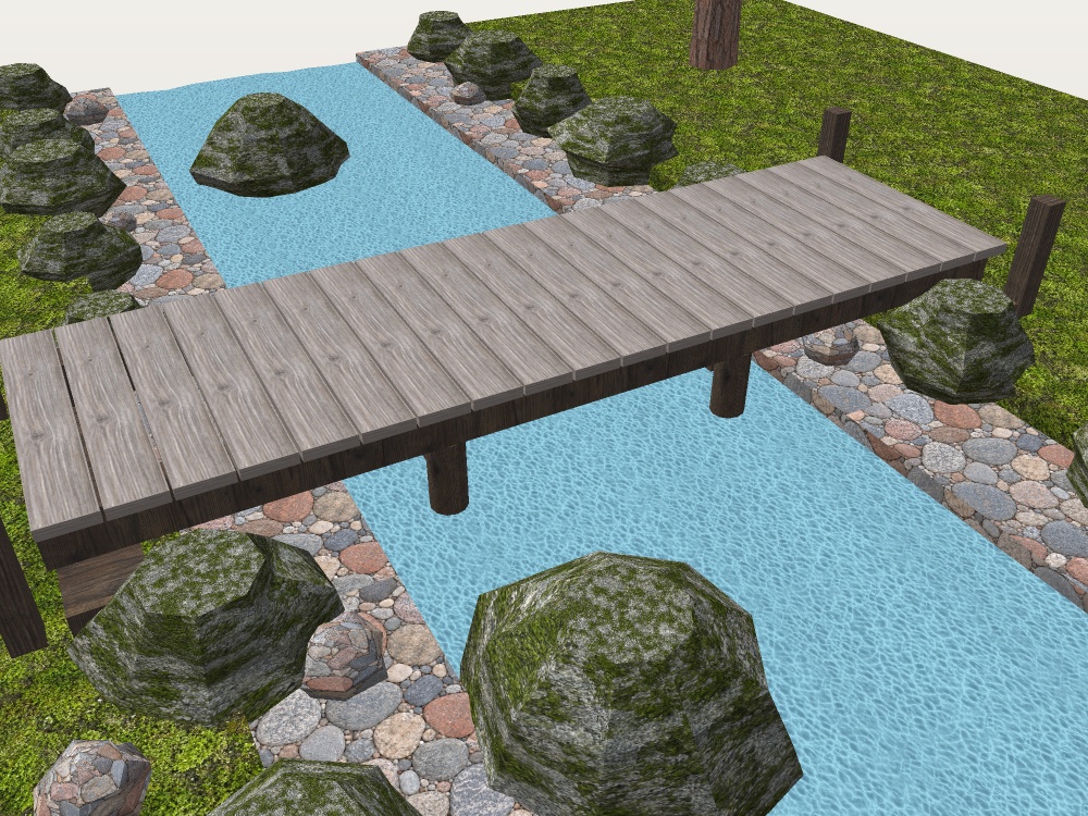 【VRChat想定】渓流の木橋と飛び石セット|板橋・飛び石・川原・紅葉【unitypackage / FBX・OBJ】