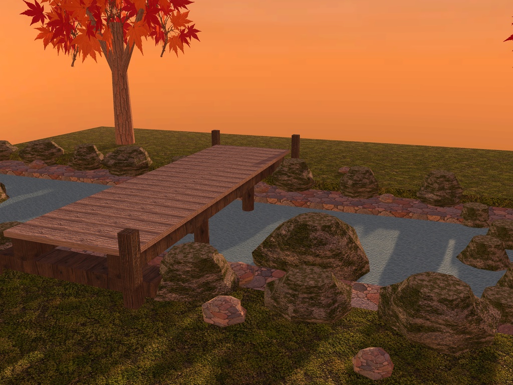 【VRChat想定】渓流の木橋と飛び石セット|板橋・飛び石・川原・紅葉【unitypackage / FBX・OBJ】