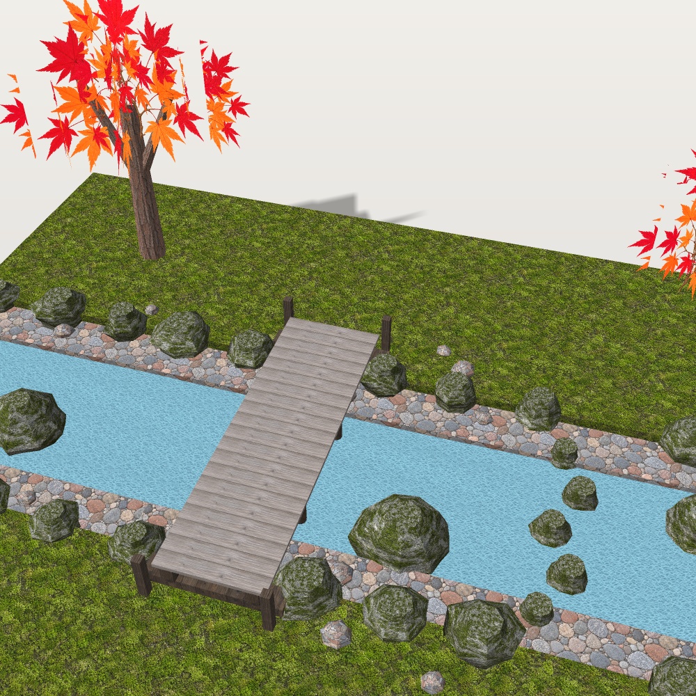 【VRChat想定】渓流の木橋と飛び石セット|板橋・飛び石・川原・紅葉【unitypackage / FBX・OBJ】
