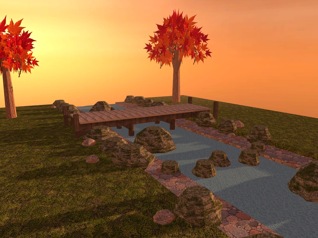 【VRChat想定】渓流の木橋と飛び石セット|板橋・飛び石・川原・紅葉【unitypackage / FBX・OBJ】