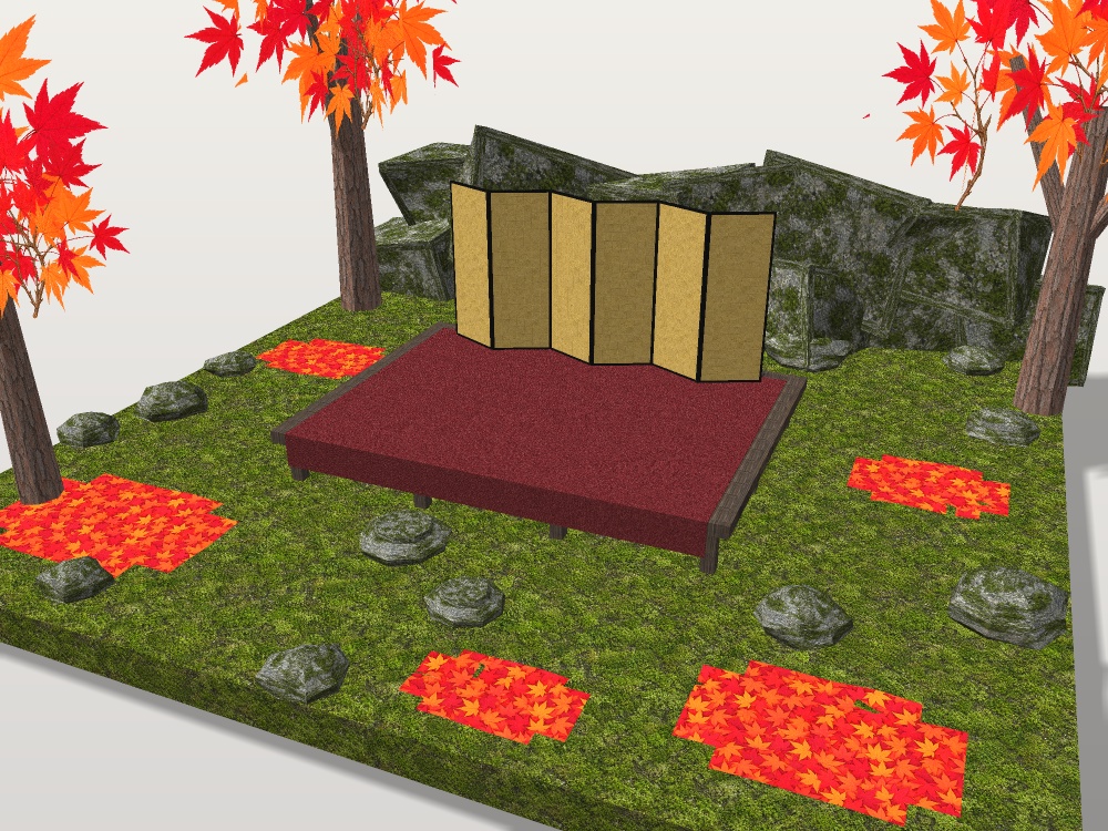 【VRChat想定】紅葉狩りの桟敷セット|金屏風・赤い毛氈・板敷きの桟敷・紅葉【unitypackage / FBX・OBJ】
