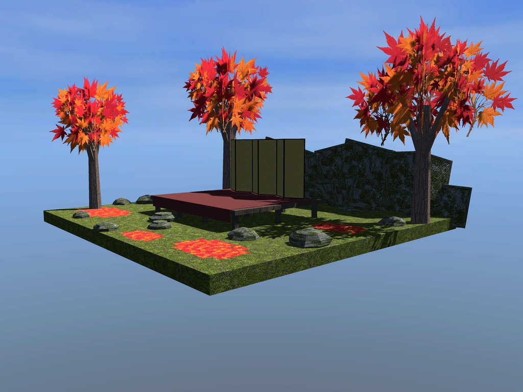 【VRChat想定】紅葉狩りの桟敷セット|金屏風・赤い毛氈・板敷きの桟敷・紅葉【unitypackage / FBX・OBJ】