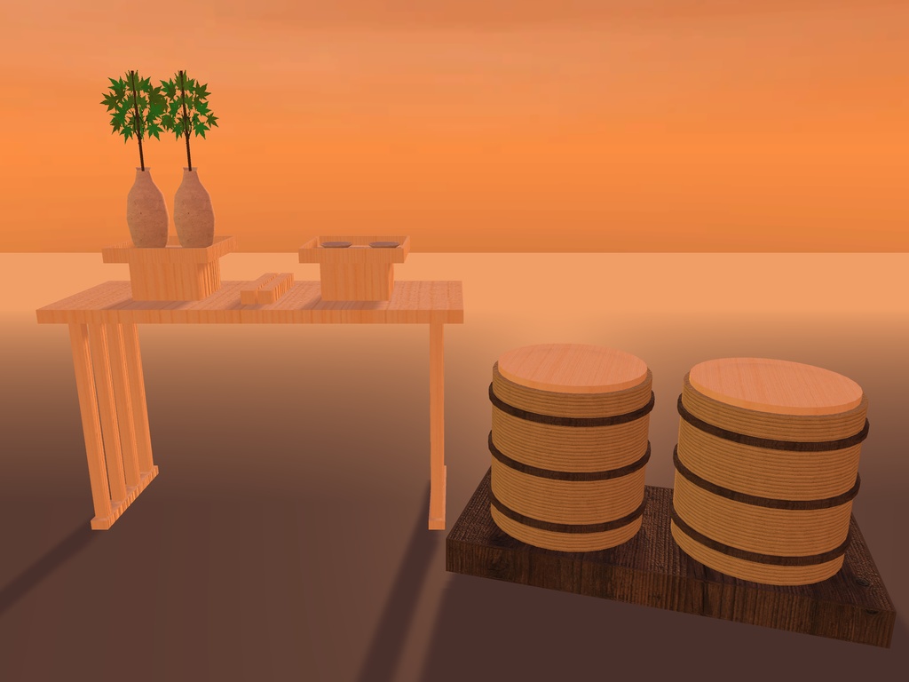 【無料】【VRChat想定】祭りの御神酒所の小物|八足台・三方・瓶子・菰樽・拍子木【unitypackage / FBX・OBJ】