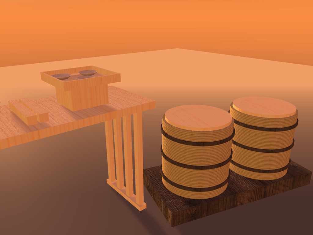 【無料】【VRChat想定】祭りの御神酒所の小物|八足台・三方・瓶子・菰樽・拍子木【unitypackage / FBX・OBJ】