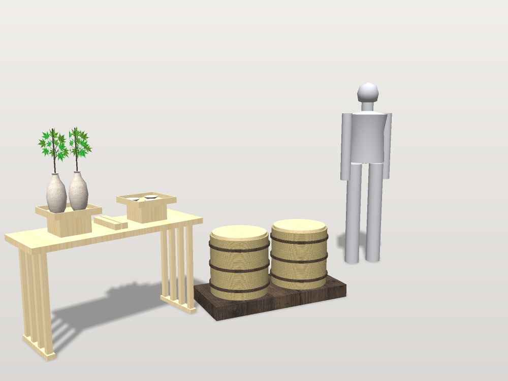 【無料】【VRChat想定】祭りの御神酒所の小物|八足台・三方・瓶子・菰樽・拍子木【unitypackage / FBX・OBJ】