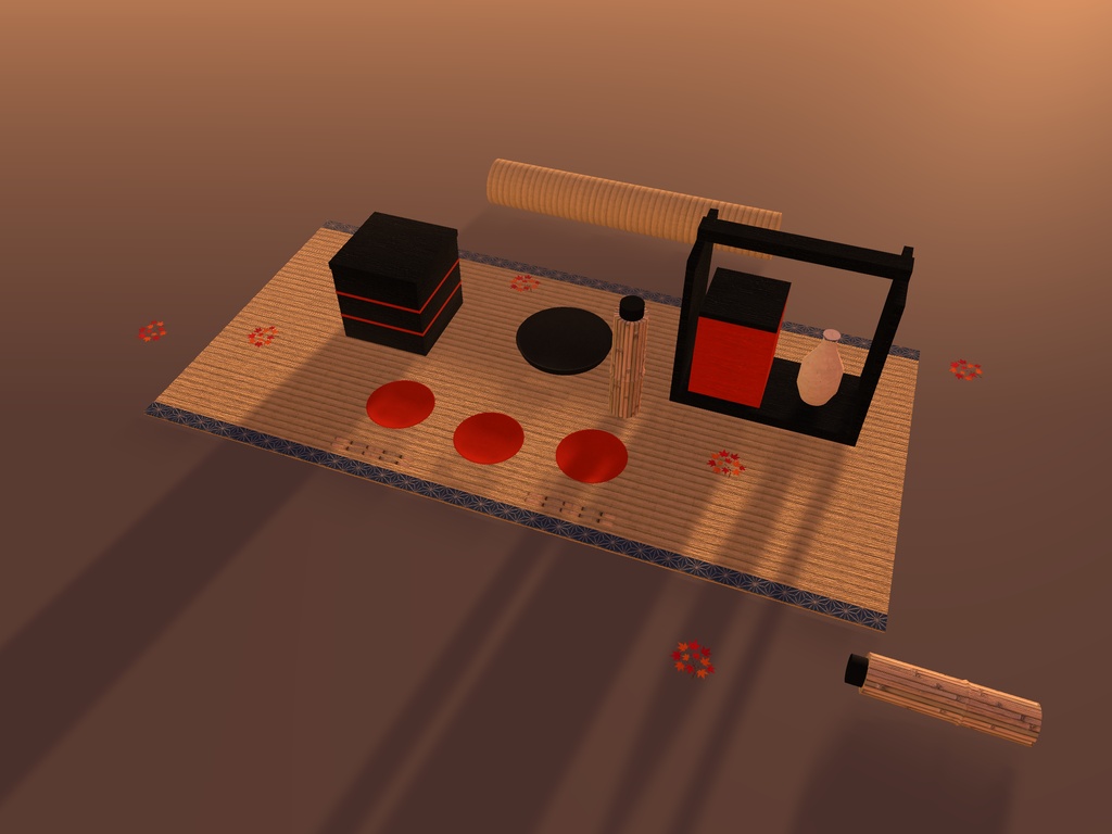 【無料】【VRChat想定】紅葉狩りの提げ重と弁当小物|提げ重・三段重・竹の水筒・茣蓙【unitypackage / FBX・OBJ】