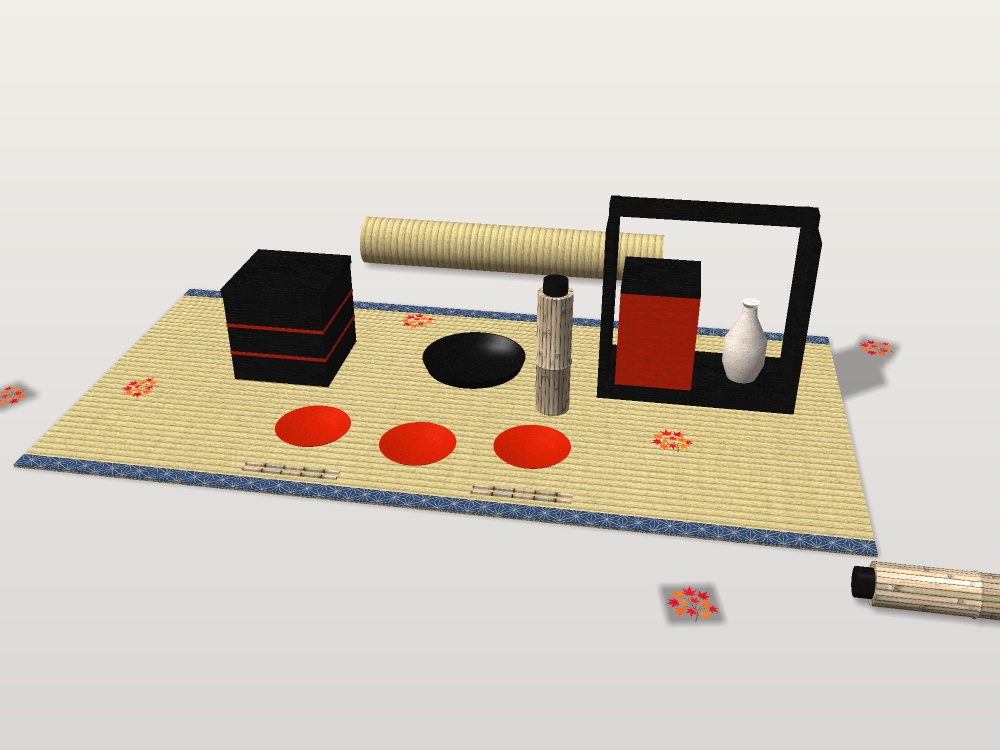 【無料】【VRChat想定】紅葉狩りの提げ重と弁当小物|提げ重・三段重・竹の水筒・茣蓙【unitypackage / FBX・OBJ】