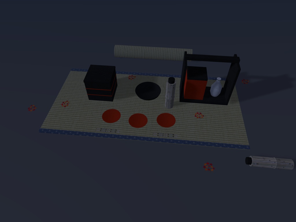 【無料】【VRChat想定】紅葉狩りの提げ重と弁当小物|提げ重・三段重・竹の水筒・茣蓙【unitypackage / FBX・OBJ】