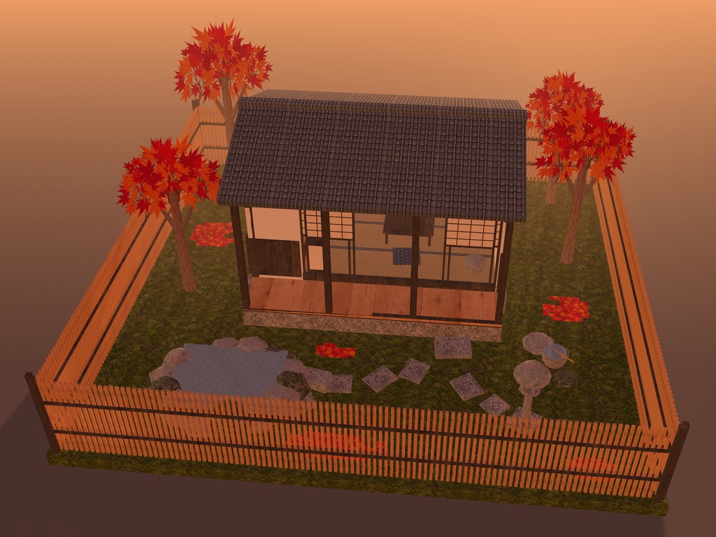 【VRChat想定】紅葉見の離れ｜六畳・縁側・紅葉の坪庭・小さな露天風呂【unitypackage / FBX・OBJ】