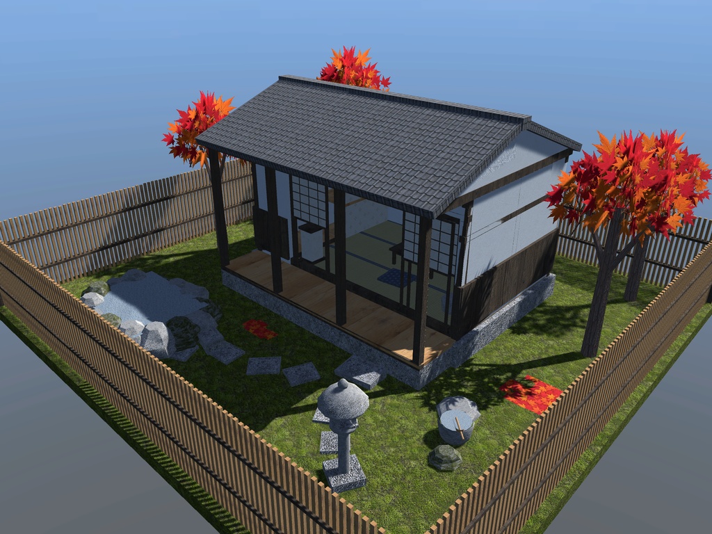 【VRChat想定】紅葉見の離れ|六畳・縁側・紅葉の坪庭・小さな露天風呂【unitypackage / FBX・OBJ】