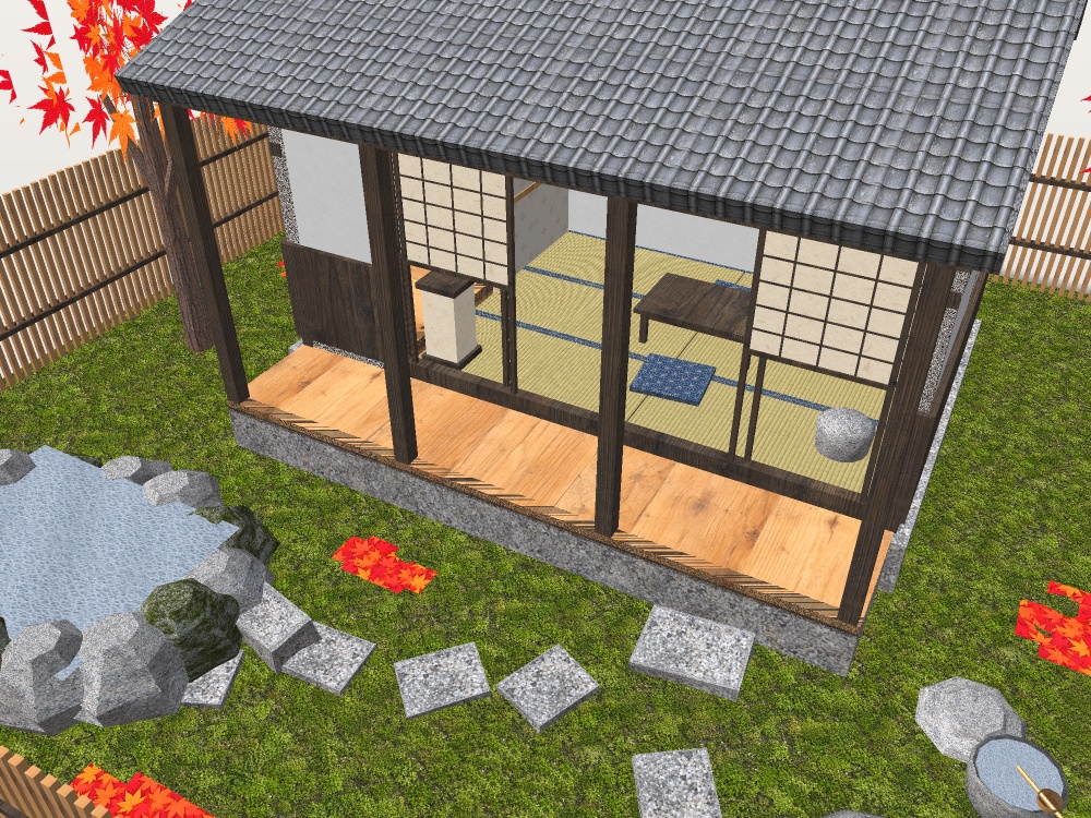【VRChat想定】紅葉見の離れ|六畳・縁側・紅葉の坪庭・小さな露天風呂【unitypackage / FBX・OBJ】