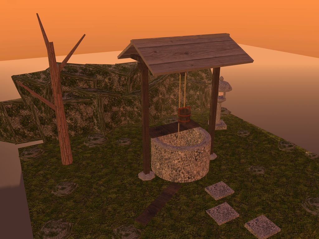 【VRChat想定】夜の古井戸セット|石の井筒・井戸屋形・釣瓶・石灯籠・枯れ木【unitypackage / FBX・OBJ】