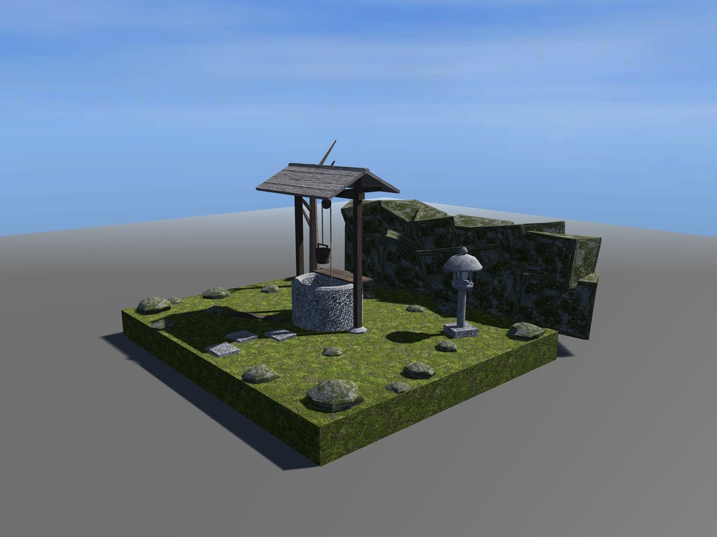 【VRChat想定】夜の古井戸セット|石の井筒・井戸屋形・釣瓶・石灯籠・枯れ木【unitypackage / FBX・OBJ】