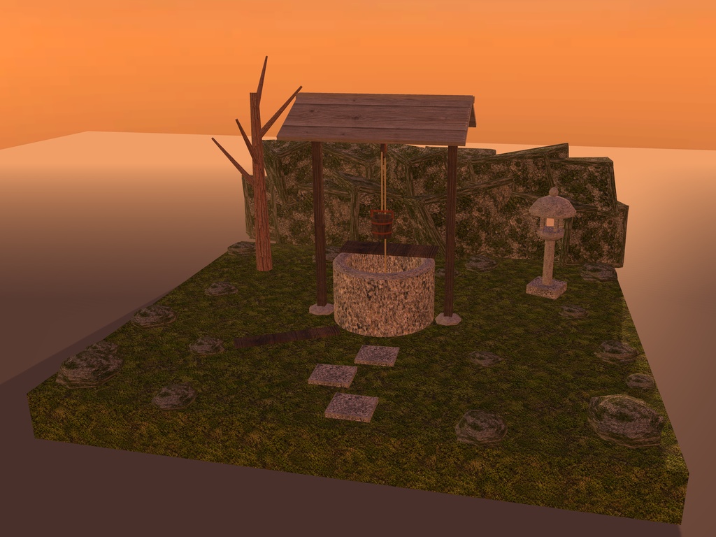 【VRChat想定】夜の古井戸セット|石の井筒・井戸屋形・釣瓶・石灯籠・枯れ木【unitypackage / FBX・OBJ】
