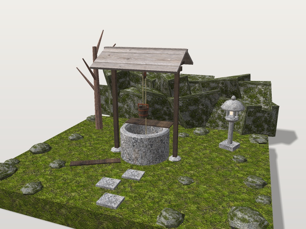 【VRChat想定】夜の古井戸セット|石の井筒・井戸屋形・釣瓶・石灯籠・枯れ木【unitypackage / FBX・OBJ】