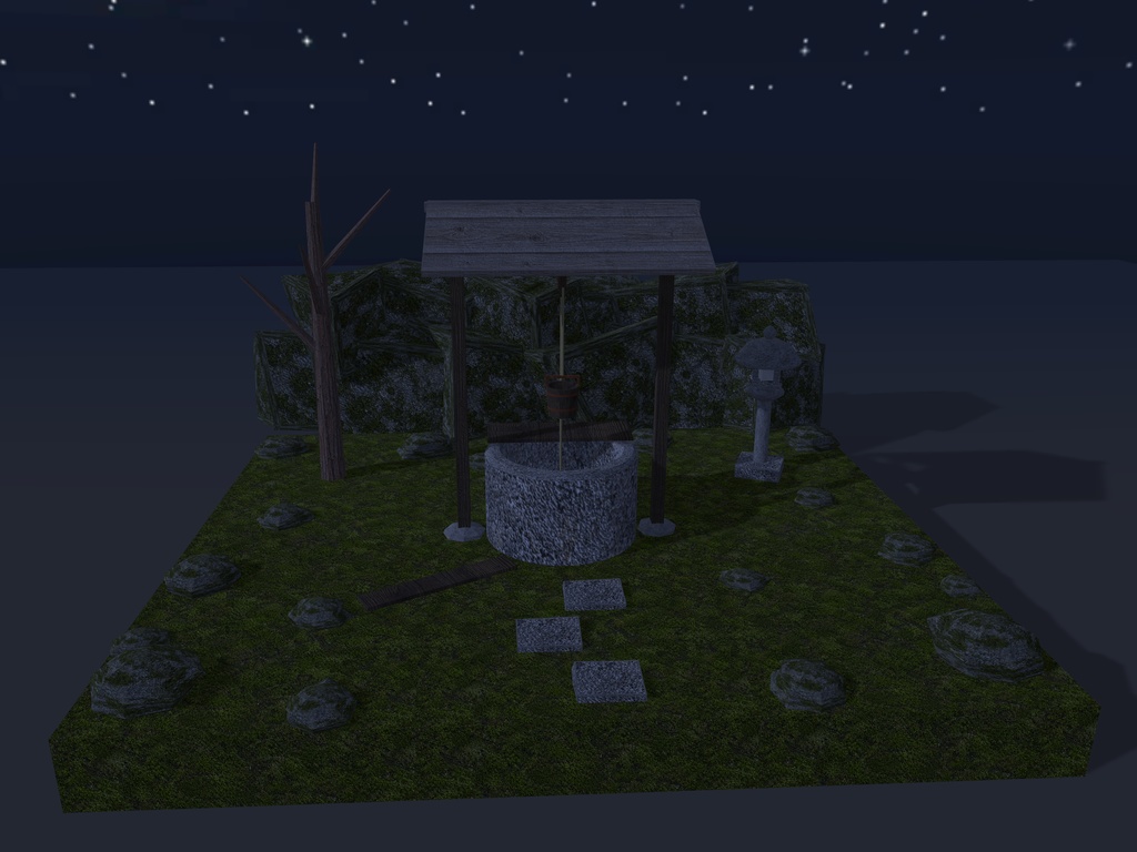 【VRChat想定】夜の古井戸セット|石の井筒・井戸屋形・釣瓶・石灯籠・枯れ木【unitypackage / FBX・OBJ】