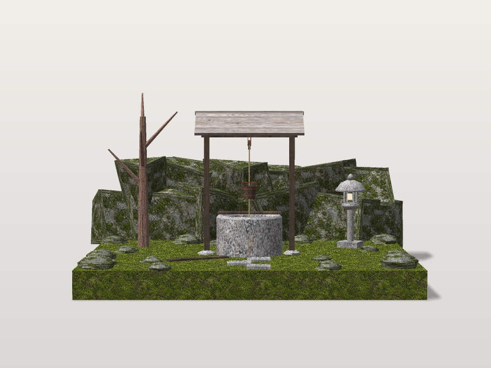 【VRChat想定】夜の古井戸セット|石の井筒・井戸屋形・釣瓶・石灯籠・枯れ木【unitypackage / FBX・OBJ】