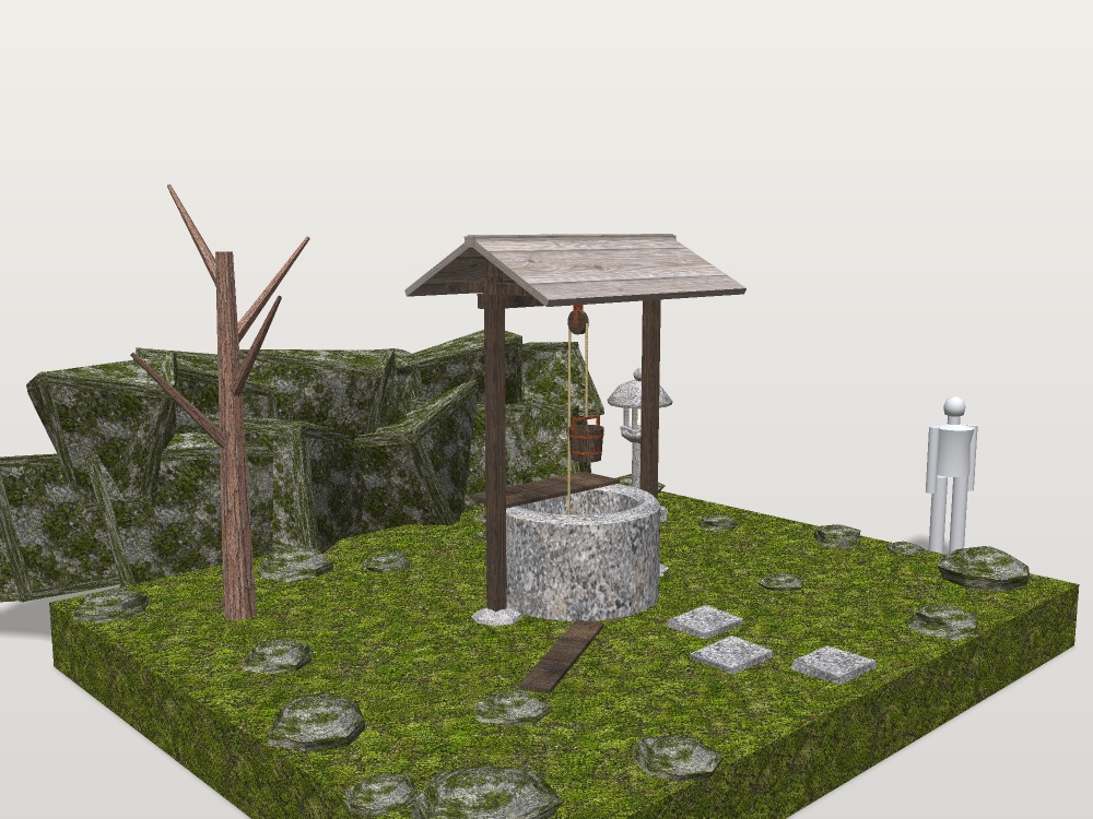 【VRChat想定】夜の古井戸セット|石の井筒・井戸屋形・釣瓶・石灯籠・枯れ木【unitypackage / FBX・OBJ】