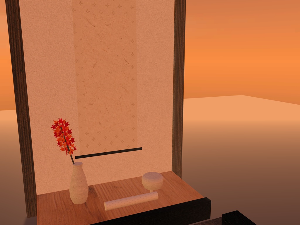 【無料】【VRChat想定】離れの床の間飾りと文机|置き床・掛け軸・花入れ・香炉・文机・脇息【unitypackage / FBX・OBJ】