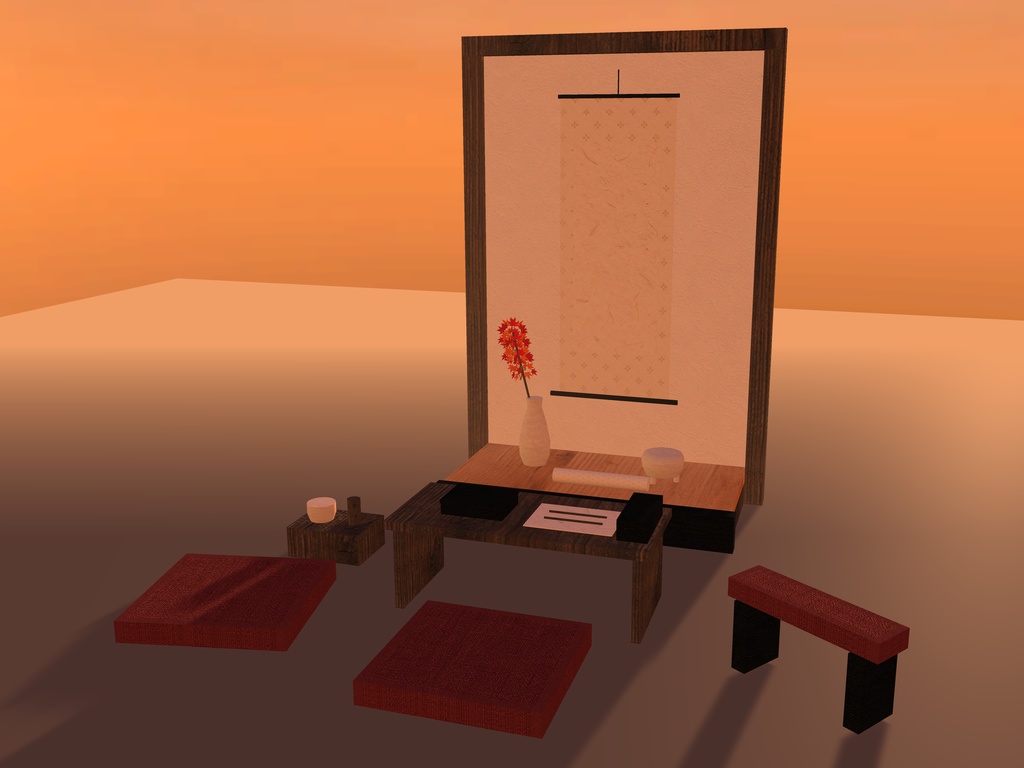 【無料】【VRChat想定】離れの床の間飾りと文机｜置き床・掛け軸・花入れ・香炉・文机・脇息【unitypackage / FBX・OBJ】