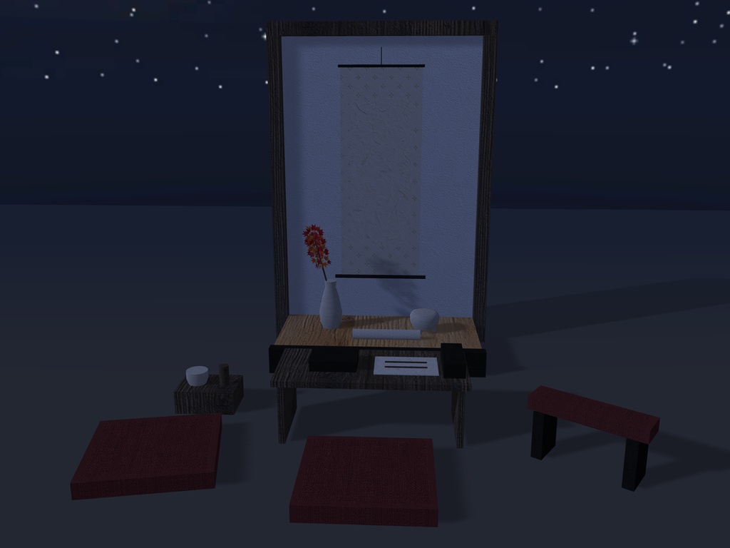 【無料】【VRChat想定】離れの床の間飾りと文机|置き床・掛け軸・花入れ・香炉・文机・脇息【unitypackage / FBX・OBJ】