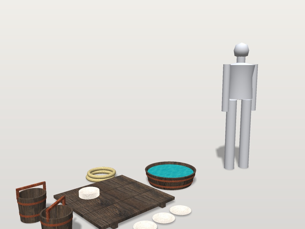 【無料】【VRChat想定】井戸端の釣瓶桶と九枚の皿|釣瓶桶・盥・皿・井戸蓋・縄【unitypackage / FBX・OBJ】