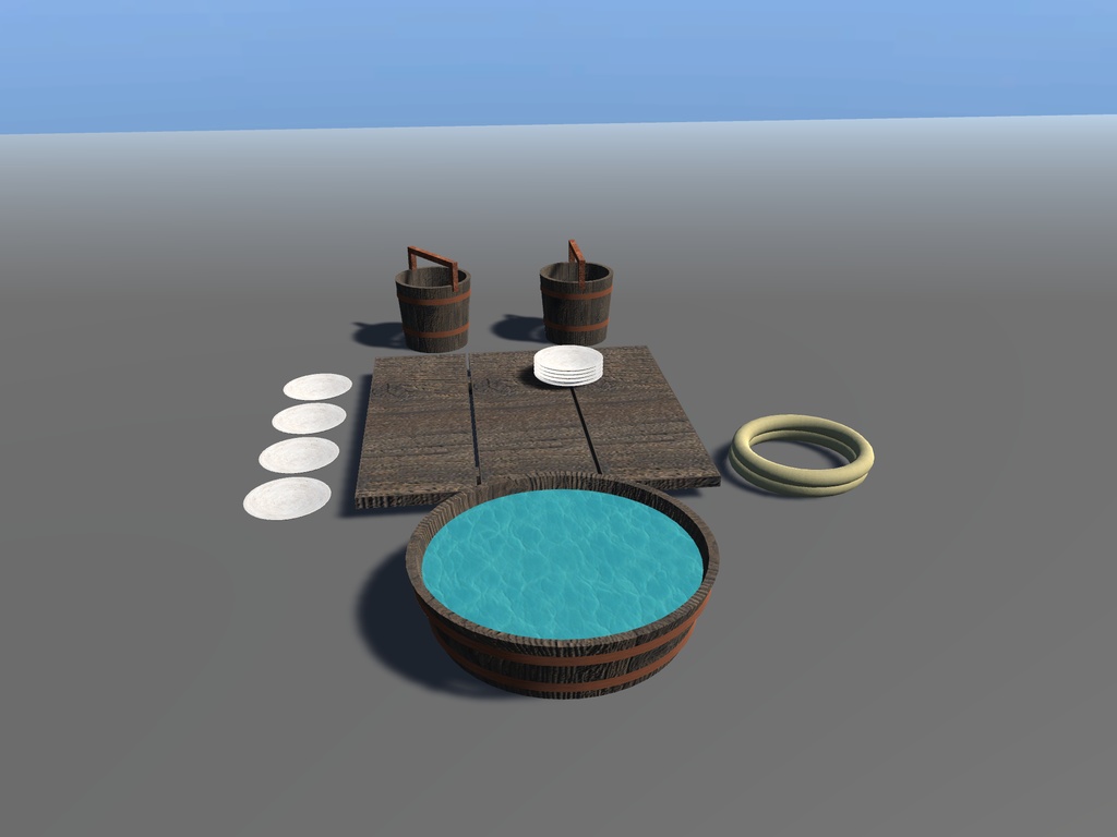 【無料】【VRChat想定】井戸端の釣瓶桶と九枚の皿|釣瓶桶・盥・皿・井戸蓋・縄【unitypackage / FBX・OBJ】