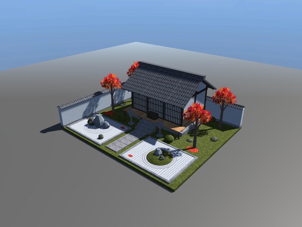 【VRChat想定】紅葉の山寺と枯山水の庭|お堂・白砂の石庭・砂紋・石灯籠・紅葉【unitypackage / FBX・OBJ】