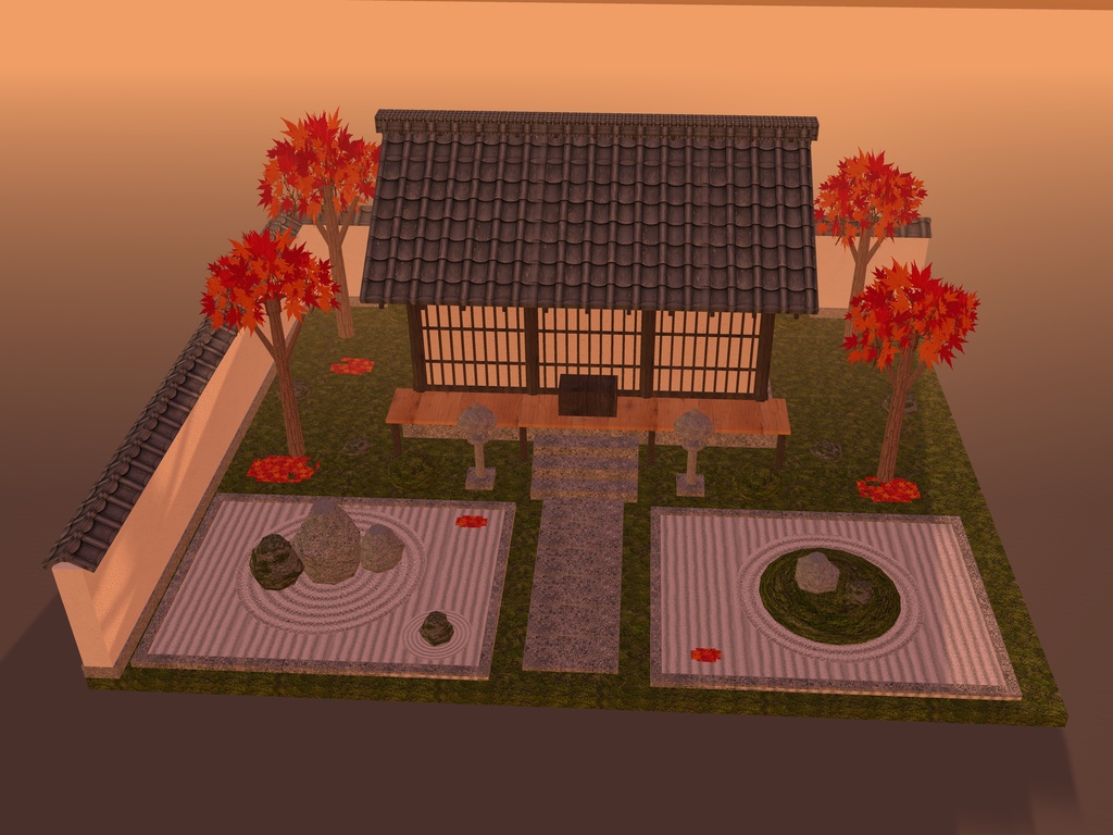 【VRChat想定】紅葉の山寺と枯山水の庭｜お堂・白砂の石庭・砂紋・石灯籠・紅葉【unitypackage / FBX・OBJ】