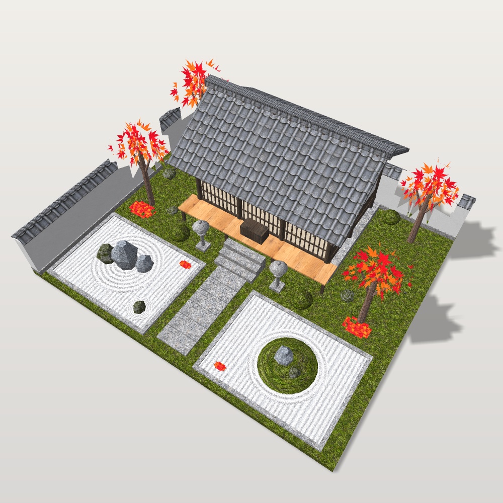 【VRChat想定】紅葉の山寺と枯山水の庭|お堂・白砂の石庭・砂紋・石灯籠・紅葉【unitypackage / FBX・OBJ】