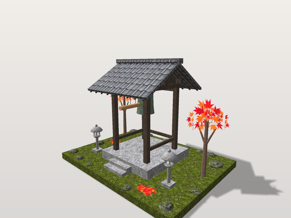【VRChat想定】山寺の鐘楼と梵鐘|四本柱の鐘楼・梵鐘・撞木・石灯籠・紅葉【unitypackage / FBX・OBJ】