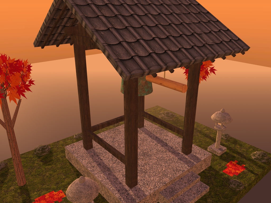 【VRChat想定】山寺の鐘楼と梵鐘|四本柱の鐘楼・梵鐘・撞木・石灯籠・紅葉【unitypackage / FBX・OBJ】