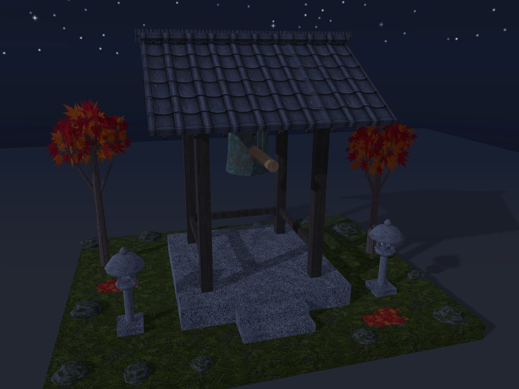 【VRChat想定】山寺の鐘楼と梵鐘|四本柱の鐘楼・梵鐘・撞木・石灯籠・紅葉【unitypackage / FBX・OBJ】
